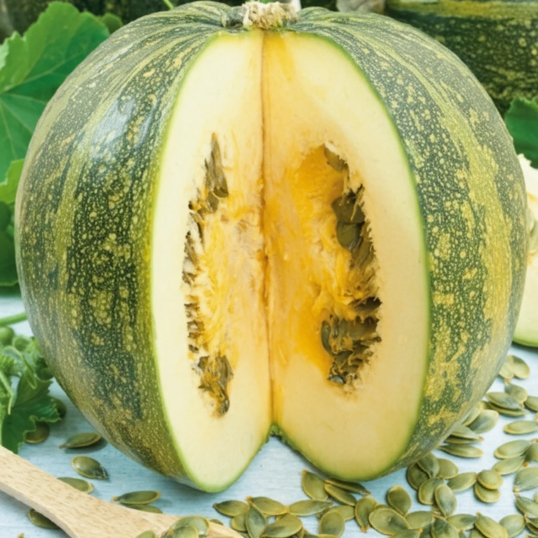 Kürbis Olga – runder Kürbis mit orange-grün gestreifter Schale