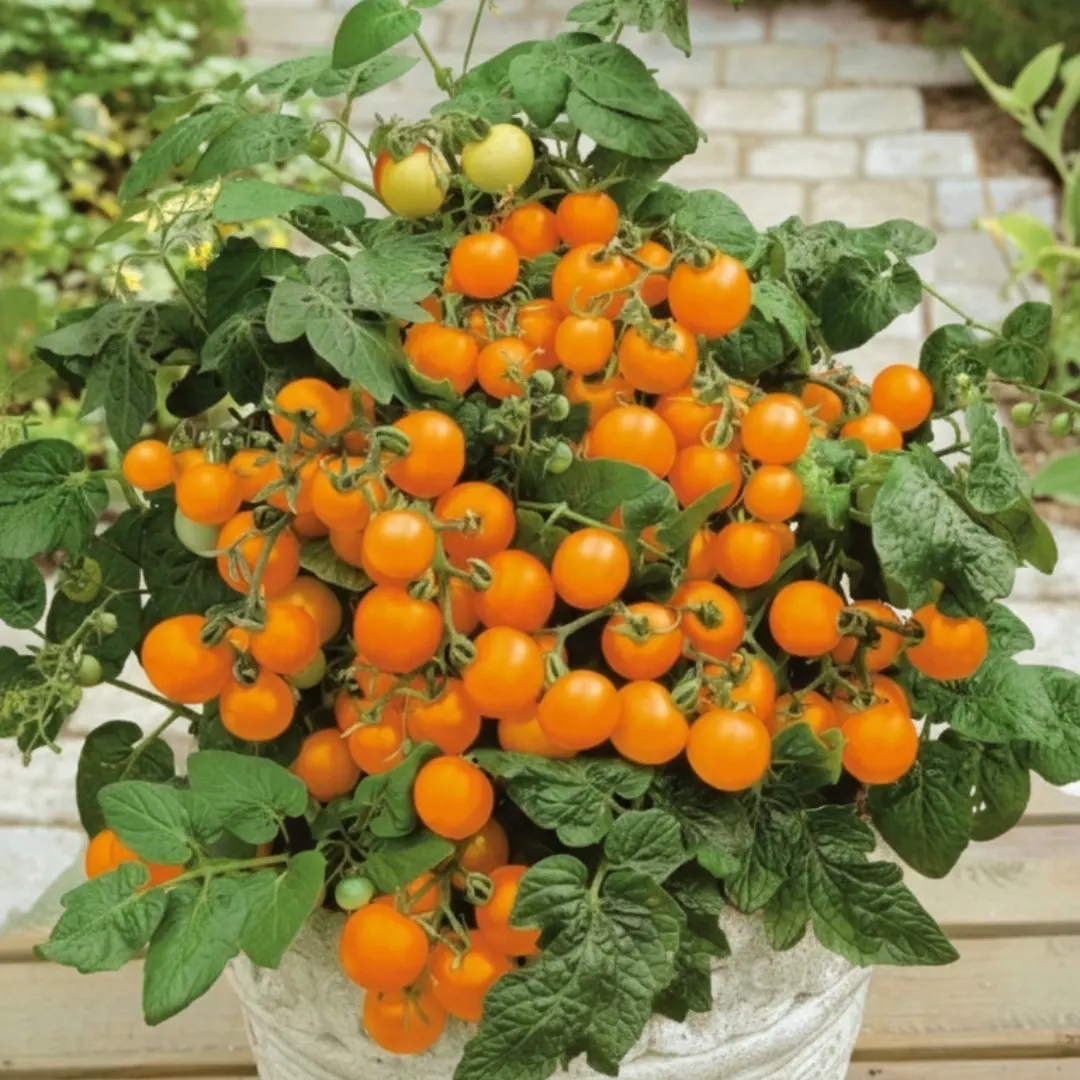 Tomate Venus – kompakte Pflanze mit orangen Cherrytomaten im Topf
